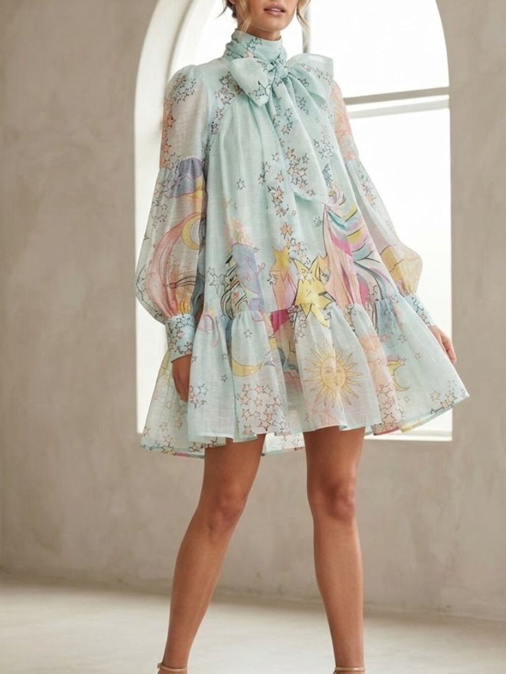 NWT Zimmermann Concert Tie Neck Mini Dress Mint Collage SZ 2 *No Waist Tie RARE